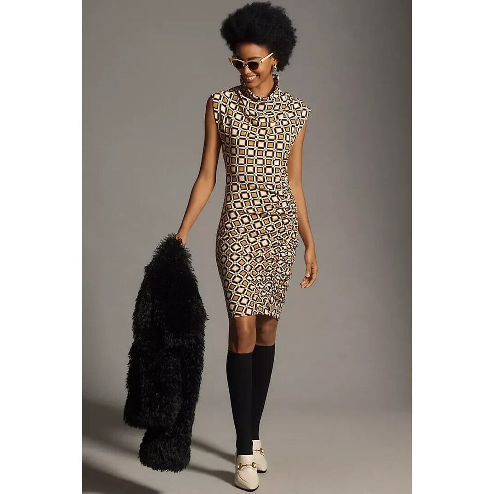 NWT Anthropologie The Maya Ruched Cowl-Neck Mini Dress Size M Printed GC408
